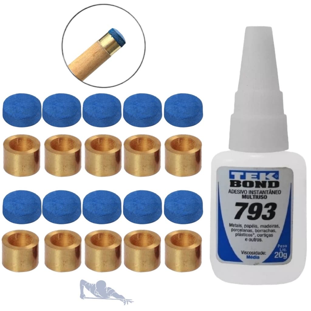 Virola Metal + Sola de Couro Azul 11mm para Taco de Sinuca Bilhar Snooker + Cola de Sola Bilhar