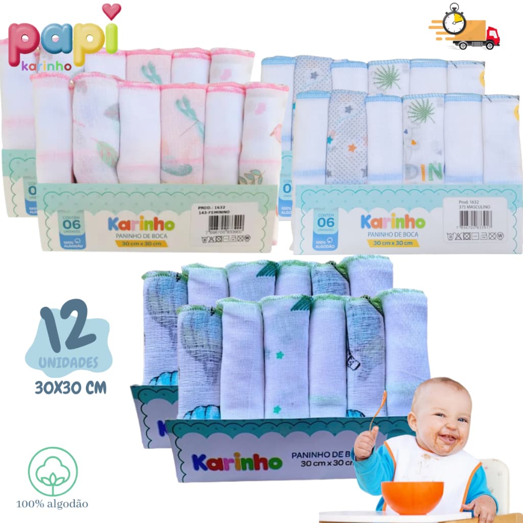 kit Pano paninho de Boca Bebe com 12 Unidades 100% Algodão 30x30cm Papi – karinho