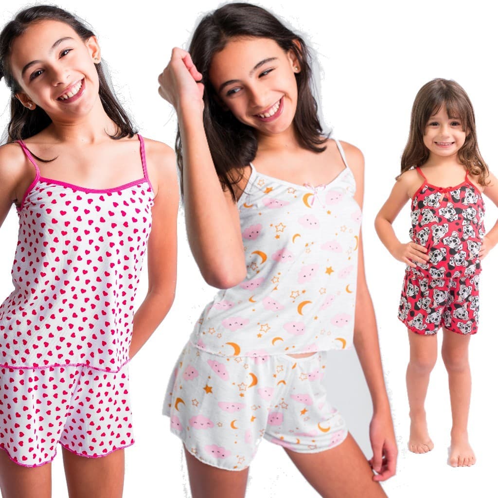 3 Pijama Infantil Conjunto Baby Doll Criança Juvenil Menina Tecido Premium