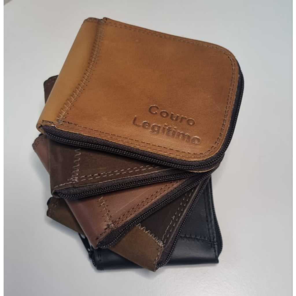 carteira de zíper masculina couro porta cartão e moedas