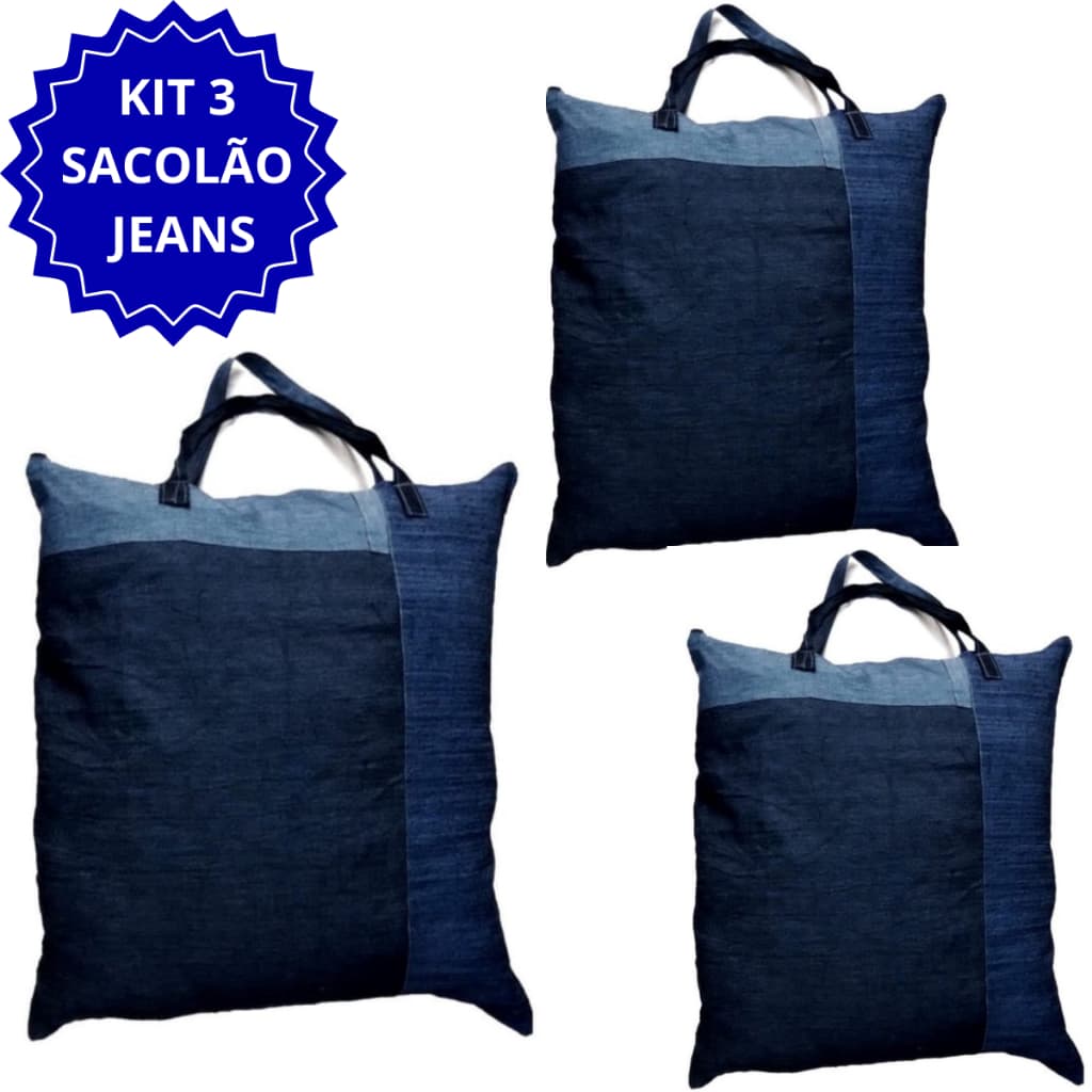 3 bolsa sacolão jeans extra grande espaçosa para sacoleiro 90x80cm Espaçosa resistente Mudança Viagem promoção