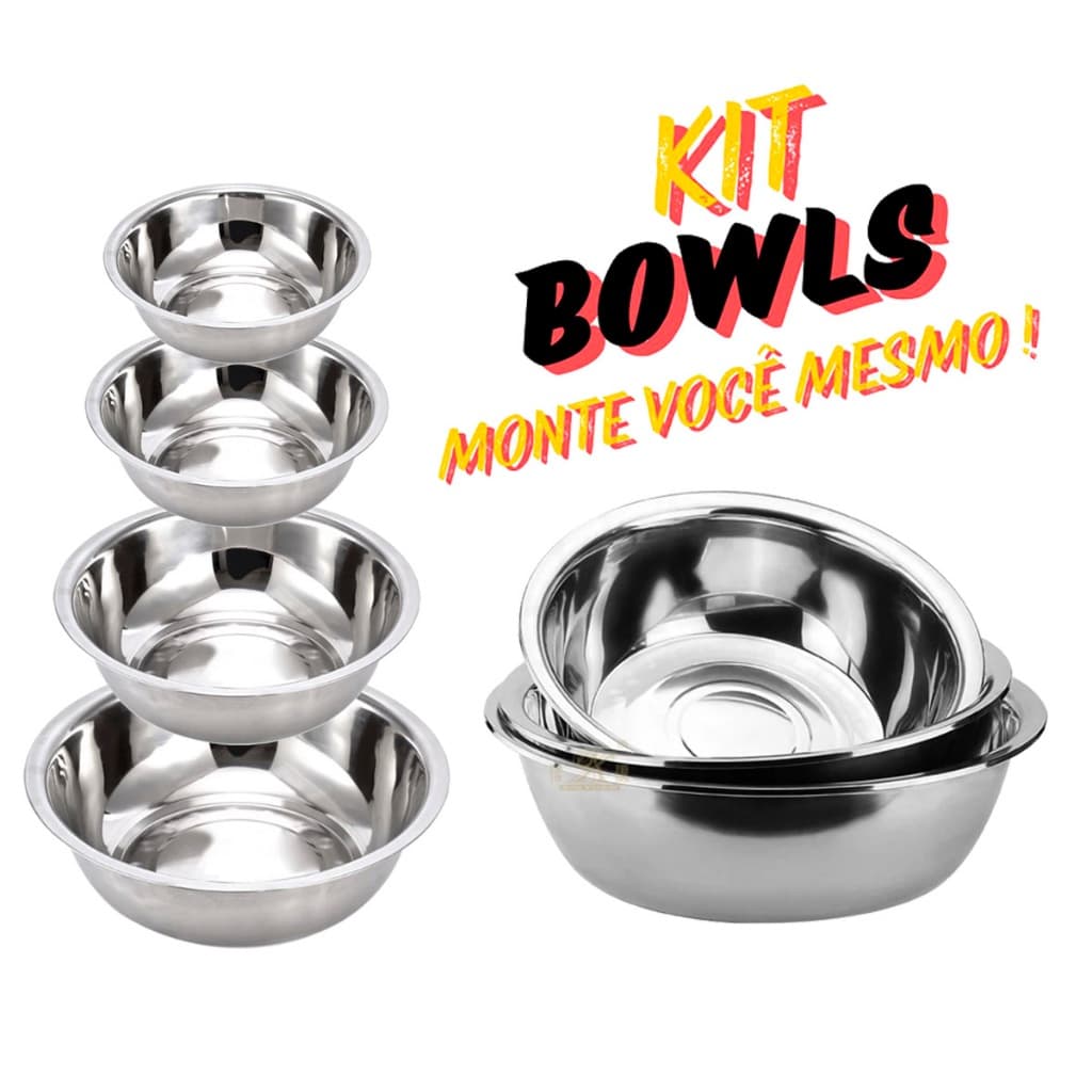 Kit Tigela bowl inox culinário multiuso profissional cozinha 15cm 17cm 19cm 21cm bacia