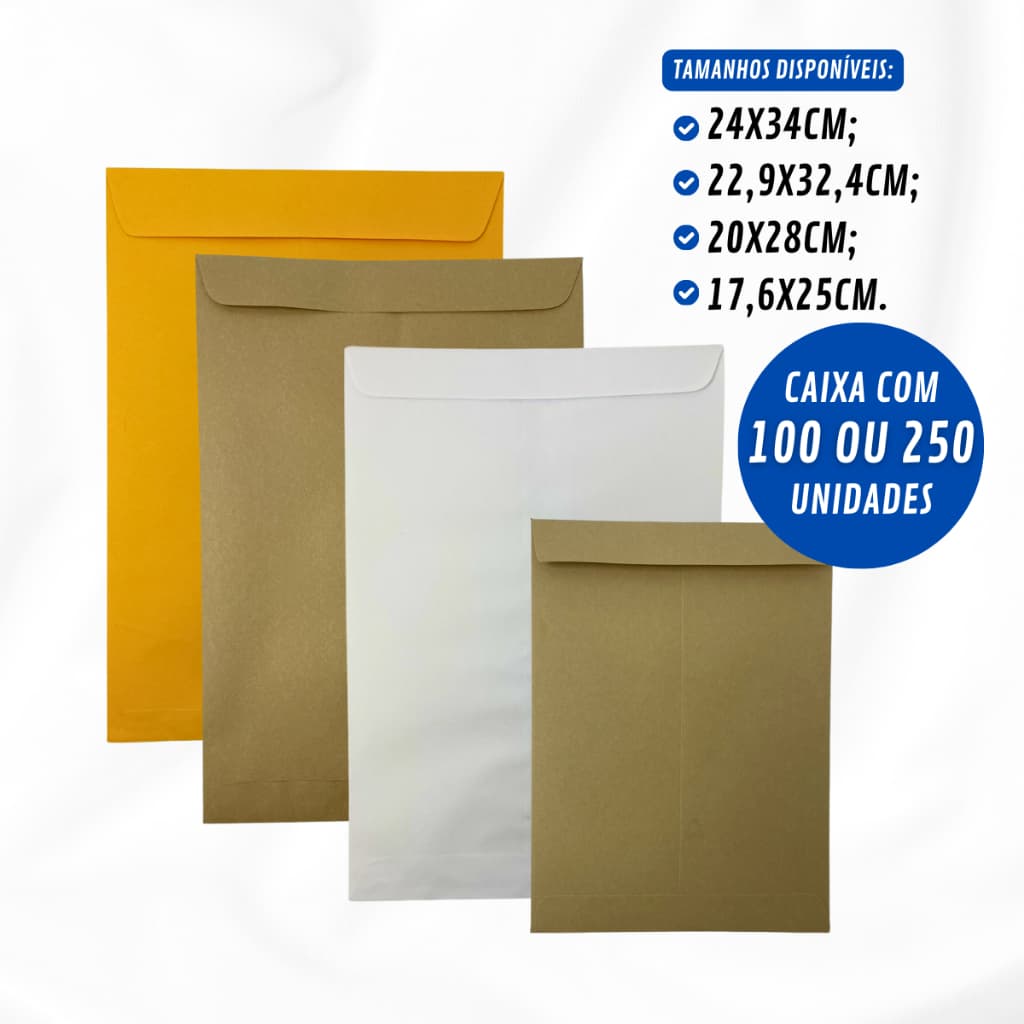Envelope Saco A4 24 x 34 Caixa C/ 100 Ou 250 Unidades Diversos Tamanhos