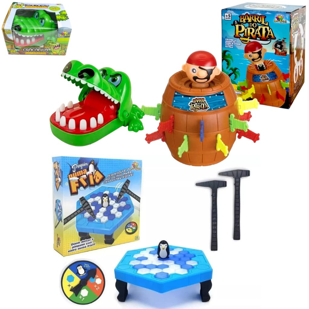 kit 3 brinquedos pula pirata quebra gelo e jacaré crocodilo morde dedo