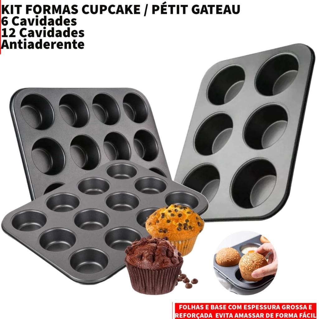 Forma Cupcake 12 ou 6 Cavidades Antiaderente Teflon Pão de Queijo Empadas Muffins Assadeira Cavidade