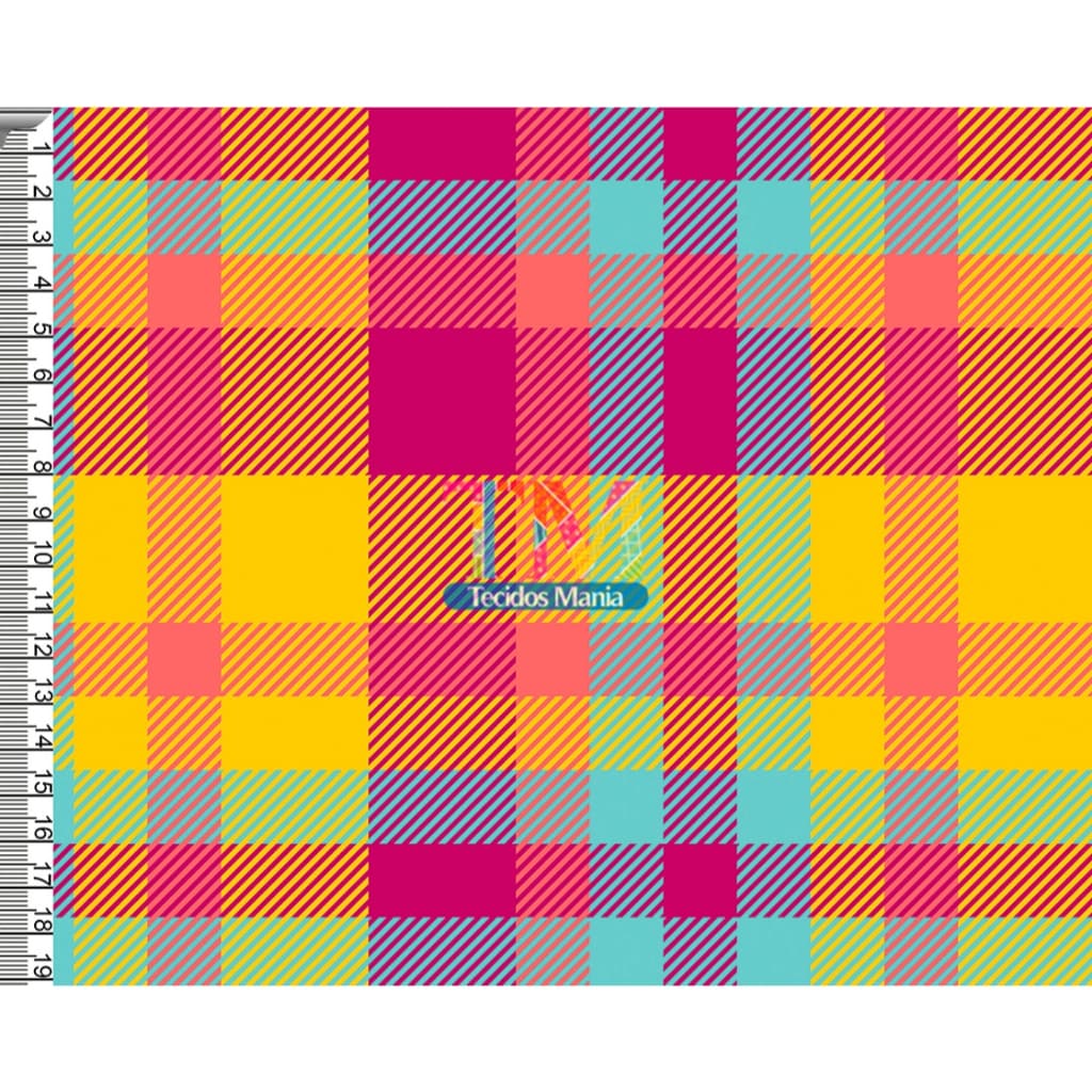 Tecido tricoline, microfibra ou gabardine estampado - Xadrez - tartan - amarelo com rosa - 0.50CM