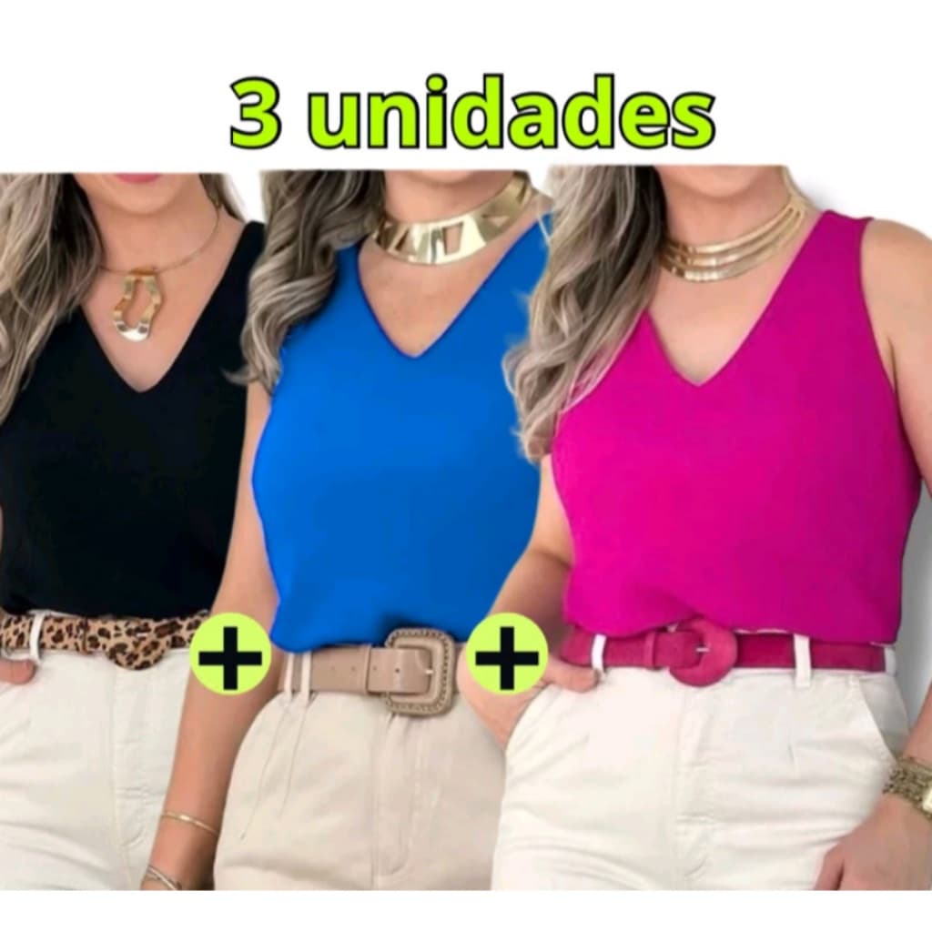 Kit com 3 Blusa Regata Duna Alça Larga Elegante