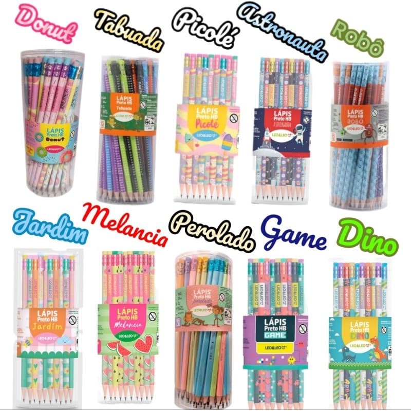 kit Lápis de escrever HB com Borracha várias estampas material escolar Leoeleo