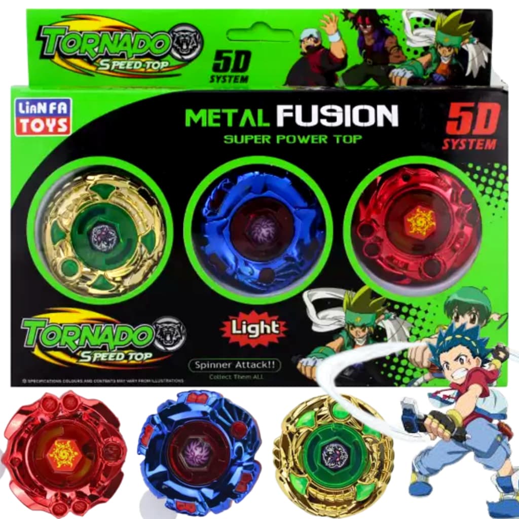 Kit 3 Beyblades Cromadas Metal Fusion Tornado Speed Top com Led
