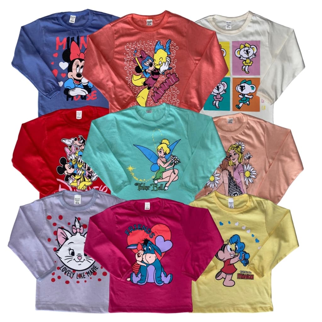 Kit Camiseta Infantil Manga Longa Menina Feminino 100% Algodão Inverno 2 à 8 Anos