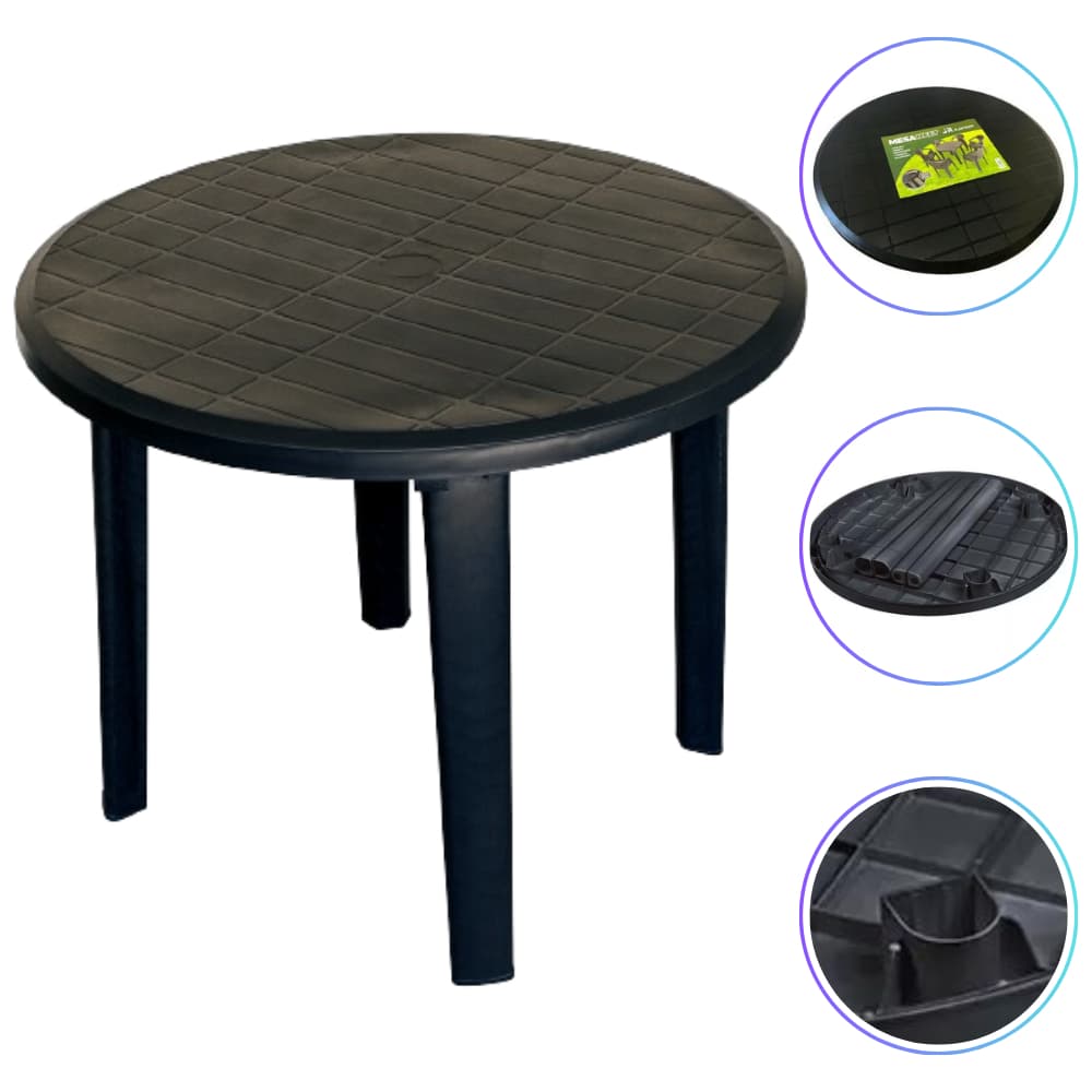 Mesa Plástico Redonda Desmontável Jardim Preta Dobravel