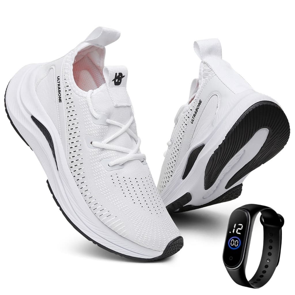 Tênis Esportivo Branco De Academia Dia a Dia + Relógio De Pulso Digital