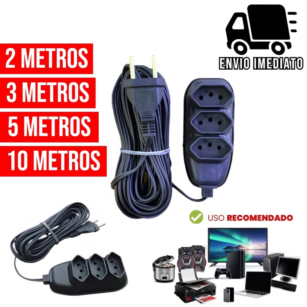 Extensão Elétrica com 3 Tomadas Bivolt 110v 220v Tripolar Alexa Compacta 2 3 5 e 10 Metros