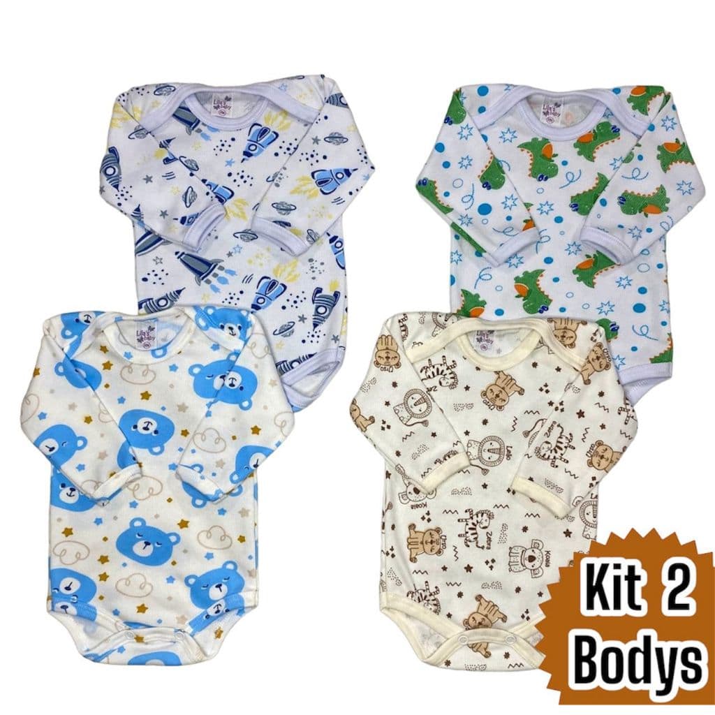 Kit 2 Bodys Bebê Estampado Manga Longa Canelado Meia Estação do RN ao GG