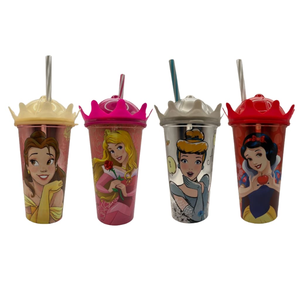Copo Infantil com Canudo Princesas Tampa Coroa 500 mL