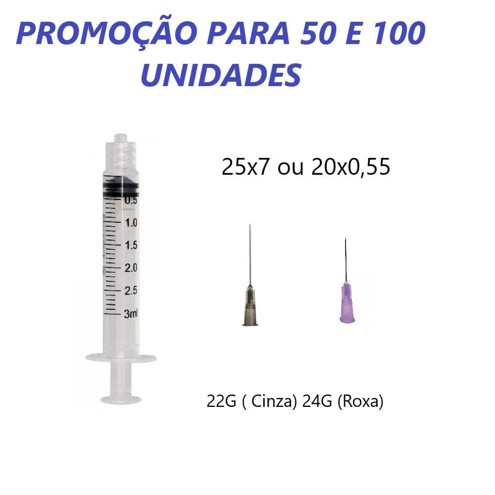 50 / 100 Unidades de Seringa de 3ml Luer Lock (Rosca) com agulha com 25x7 (Cinza/ Preta) ou 20x55 (Roxa / Lilás)