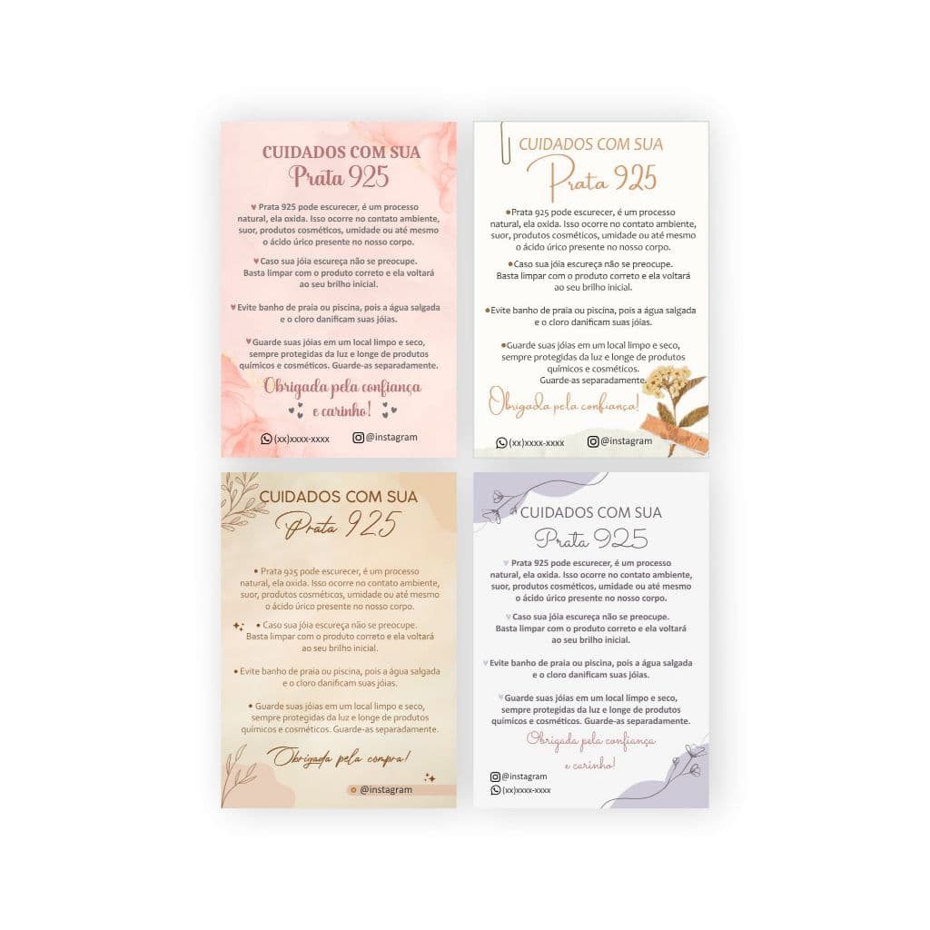 Cartão personalizado p/ Clientes | Cuidados com sua Prata 925 (50un)