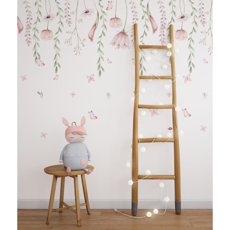 Adesivo de Parede Infantil Raminhos Jardim Encantado + Borboletas, Quarto de Menina, Fácil Aplicação