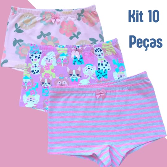 Calcinha Shortinho Box Boxer Feminina Menina Infantil Kit Com 10 Peças Cottom  Tamanhos 2 A 10 Anos