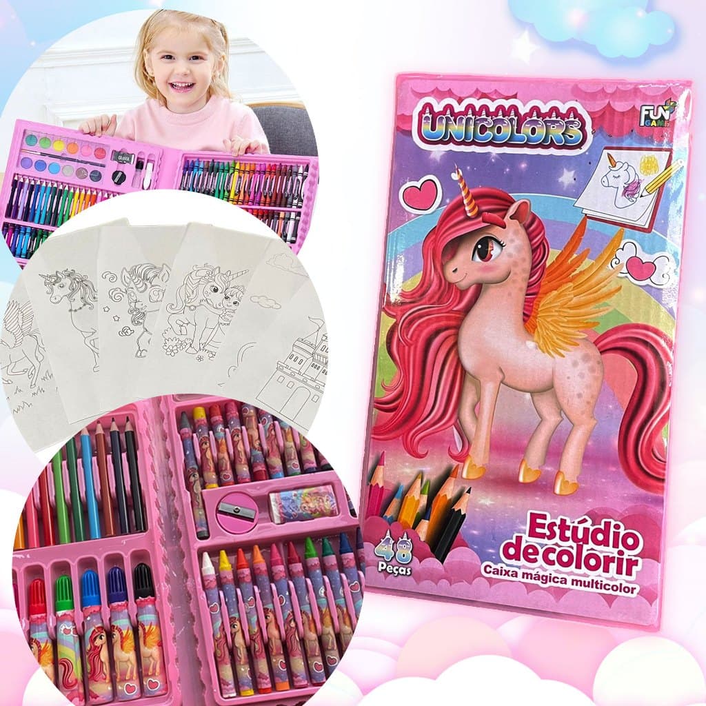 Maleta Escolar Pintura Infantil 48 Peças Estojo Canetinha Unicórnio Rosa