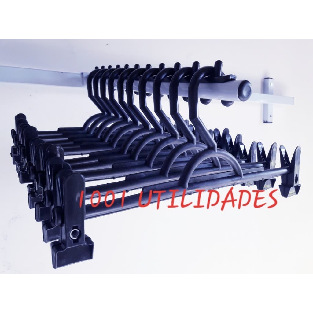 Kit 10 15 Cabides Preto Branco Plástico Calça Bermuda Saia Shorts C/ Presilhas