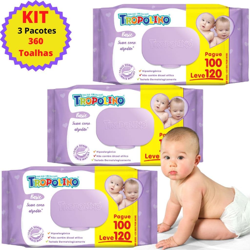 kit Lenço Umedecido Tropolino 360 Toalhas Umedecidas  Bebê Infantil