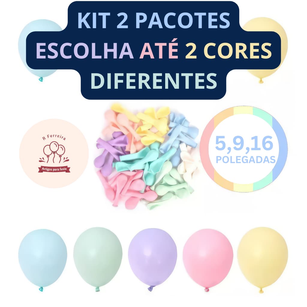 Kit 2 Pacotes Balão Bexiga para Festa Candy Color 5", 9" e 16" PicPic Cores Pastéis