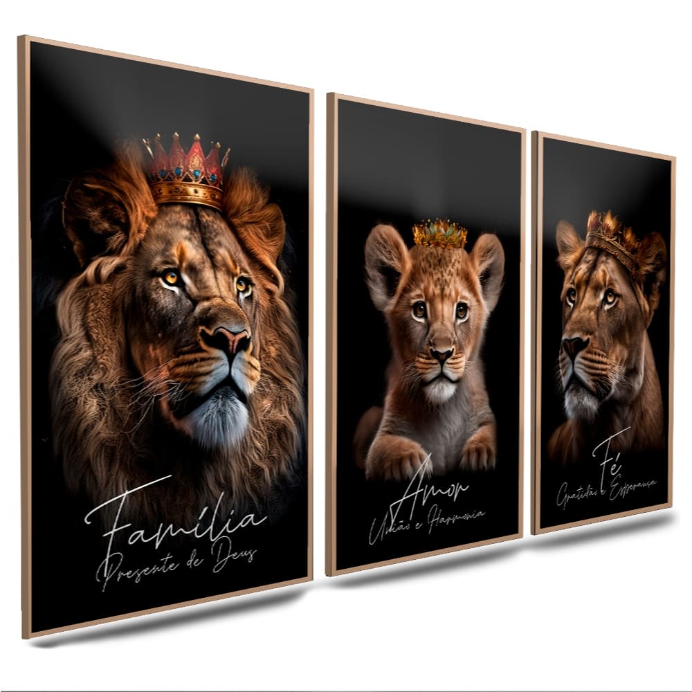 Quadros decorativos Família Fé Amor religioso 3 peças animais leão filhotes leoa ( COROA V)