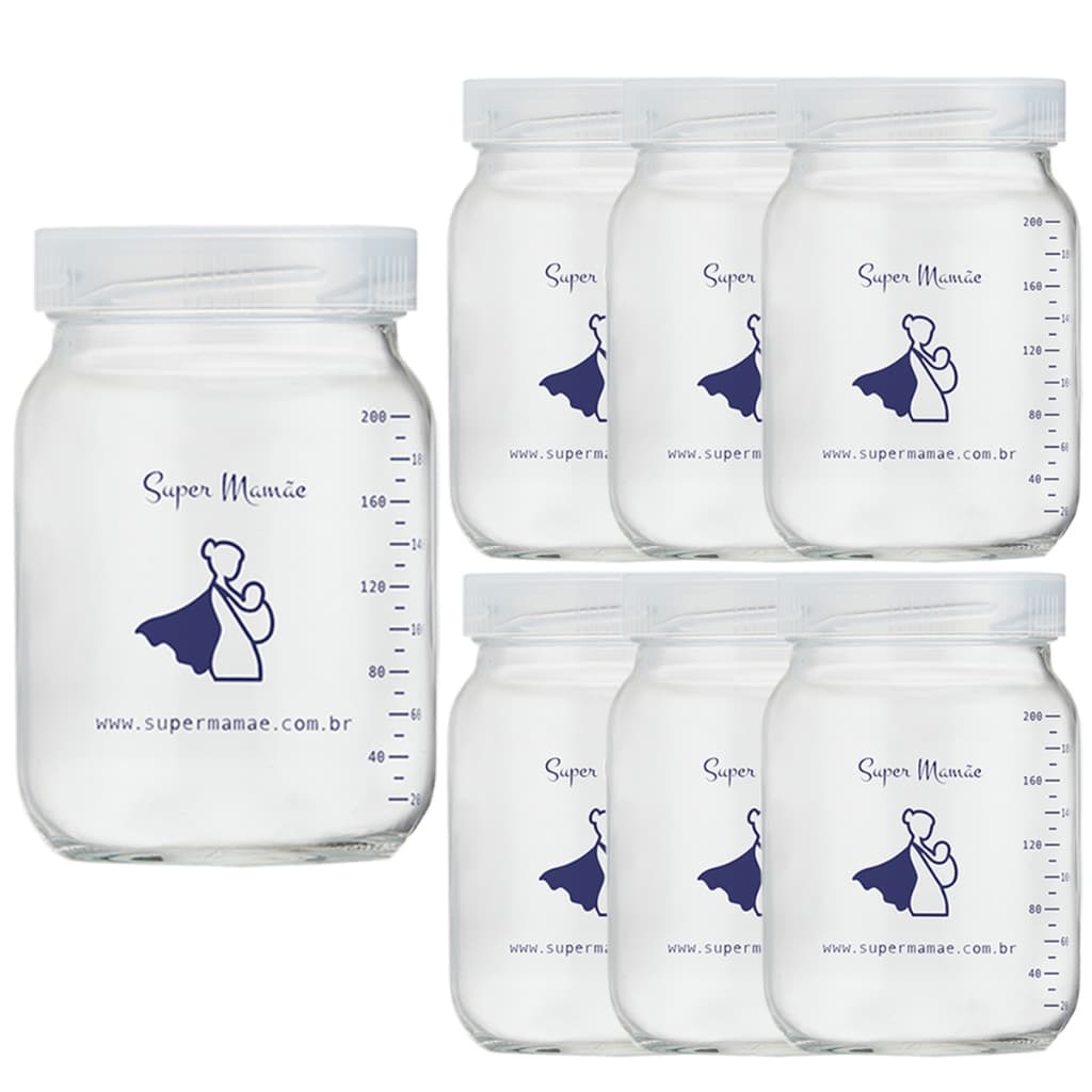 Kit com 7 Potes de Vidro para Armazenar Leite Materno 200ml Com Graduação