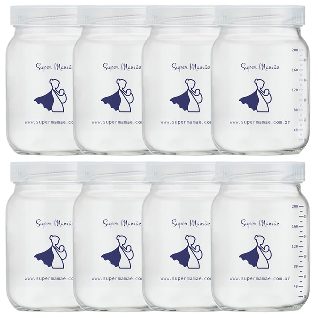 Kit Com 8 Potes De Vidro Para Guardar Leite Materno De 200ml Graduado