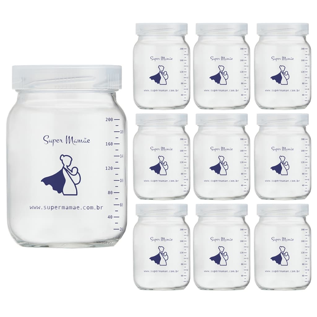 Kit com 10 Potes de Vidro para Armazenar Leite Materno 200ml Com Graduação