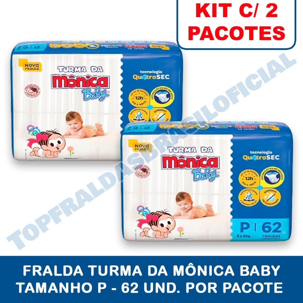 Kit 2ptes Fralda Turma da Mônica Baby P 3-5kg 62un cada