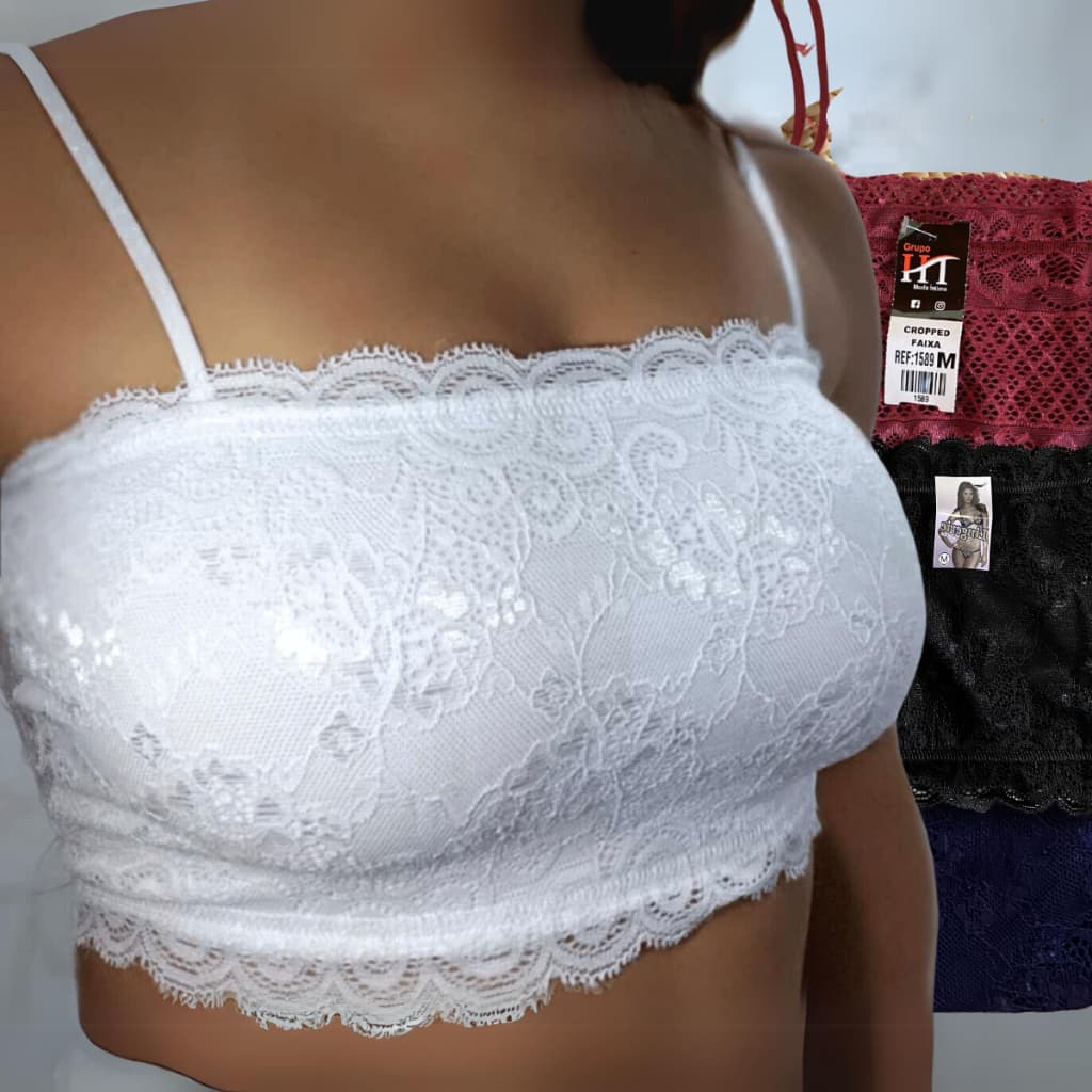Kit 3 Cropped Renda Alça Fina Top Faixa Sem Bojo Crop Rendado cod.1589
