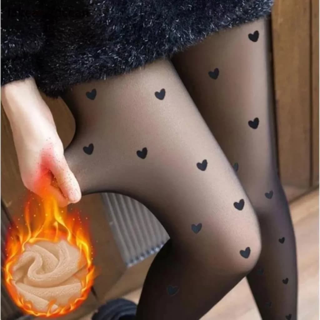 Meia Calça Fina Bolinhas Coração Translúcida Lã Térmica Preta Feminina Coração