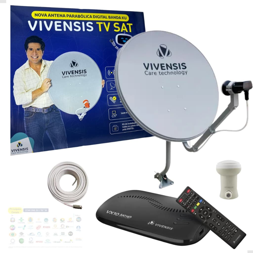 Kit Antena Parabólica Completo Com Receptor Digital VX10 Vivensis Lnbf e Cabo 15Metros