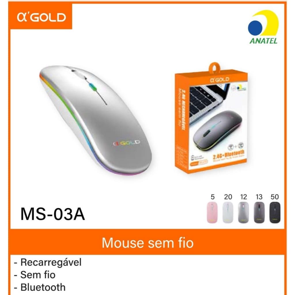 Mouse Sem Fio C/ LED Bluetooth + 2.4G 🔋  A'Gold (MS=03A)