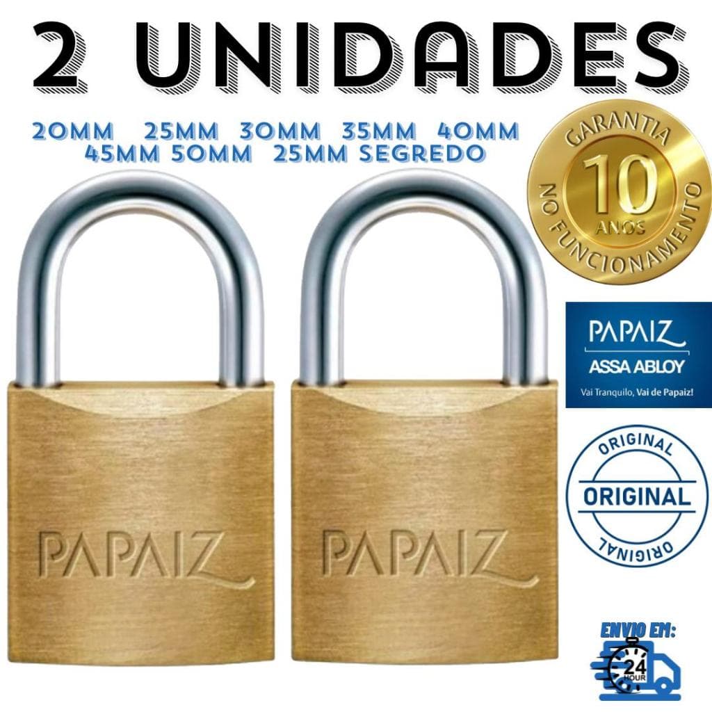 Kit 2 Cadeados Papaiz Original Latão Maciço 20 25 30 35 40 45 e 50mm 60mm 70mm ou de segredo