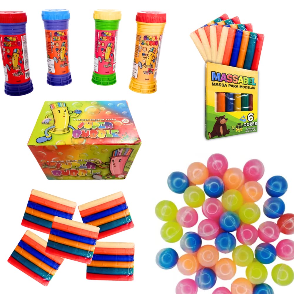 Kit 30 Caixas Massinha De Modelar + 30 Geleca Slime + 30 Bolha De Sabão + Lembrancinha Festa Criança