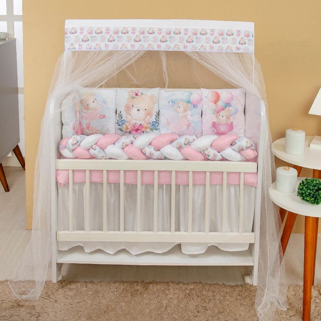 KIT PARA MINI BERÇO ALMOFADINHAS 12 PEÇAS + SAIA - MENINAS