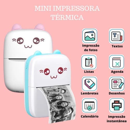 Mini Impressora de Papel Térmico Portátil Gato Rosa e Azul Bluetooth 2.0 Compatível com Android/ios
