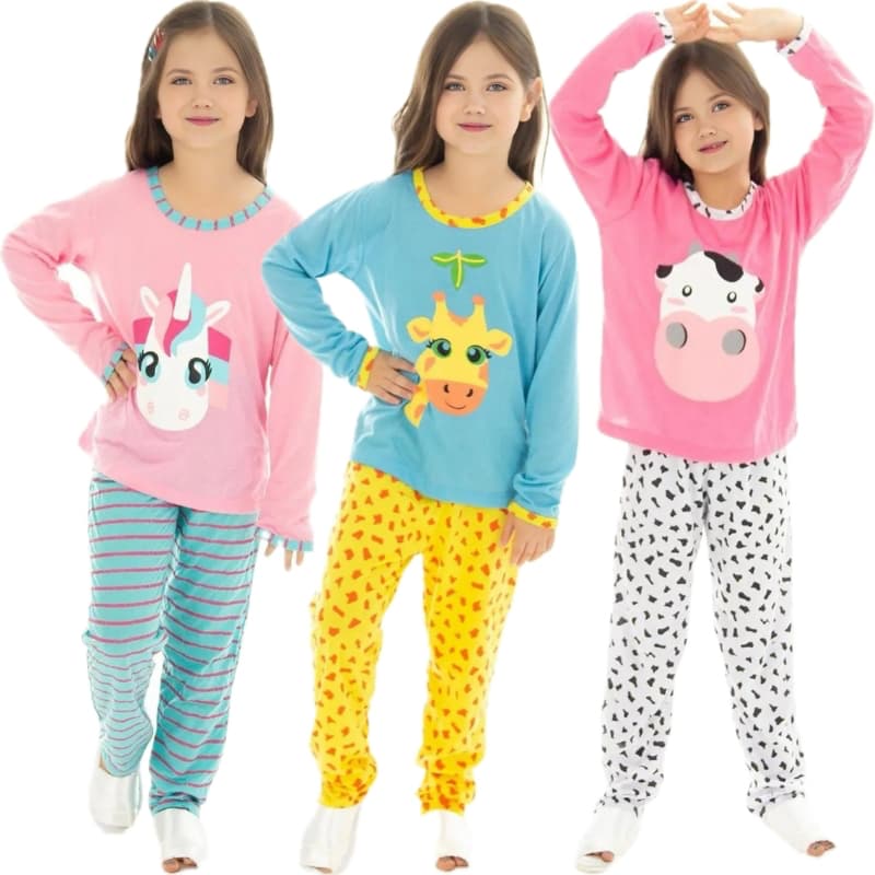 Pijama Infantil Manga Longa Feminino Inverno Personagens Elástico na Cintura Confortável