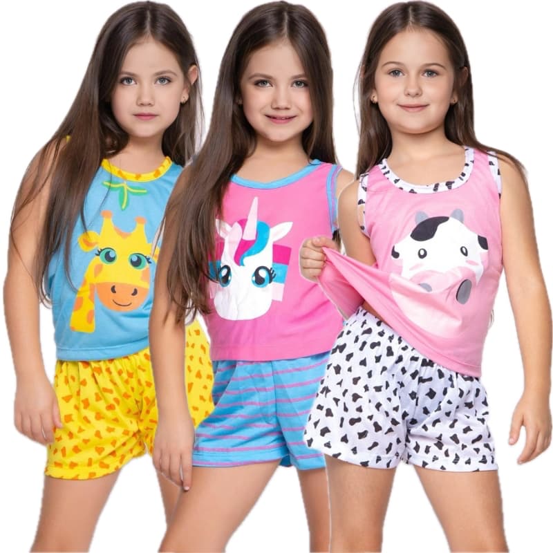 Pijama Infantil Estampa Sortida Kids Menina Menino Criança Regata Estampado Verão Manga Curta Calor Roupa Dormir