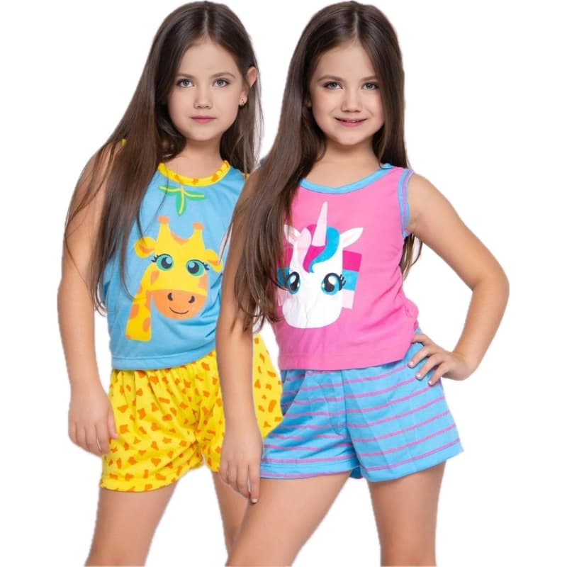 Kit 2 Pijama Infantil Estampa Sortida Kids Menina Menino Criança Regata Estampado Verão Manga Curta Calor Roupa Dormir