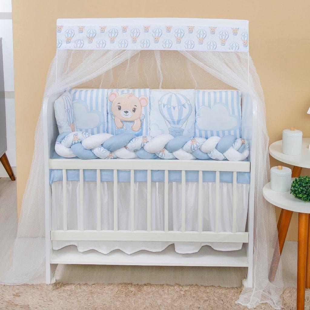 Kit Mini Berço com 12 peças + Saia de Berço Bebê Menino Urso Baloeiro