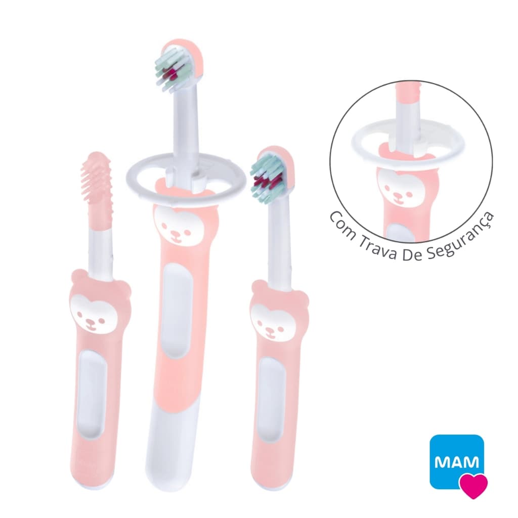 Kit Higiene Bucal Infantil 3 Escovas De Dentes MAM Cerdas Extramacias Mordedor Massageador Trava De Segurança Para Bebês
