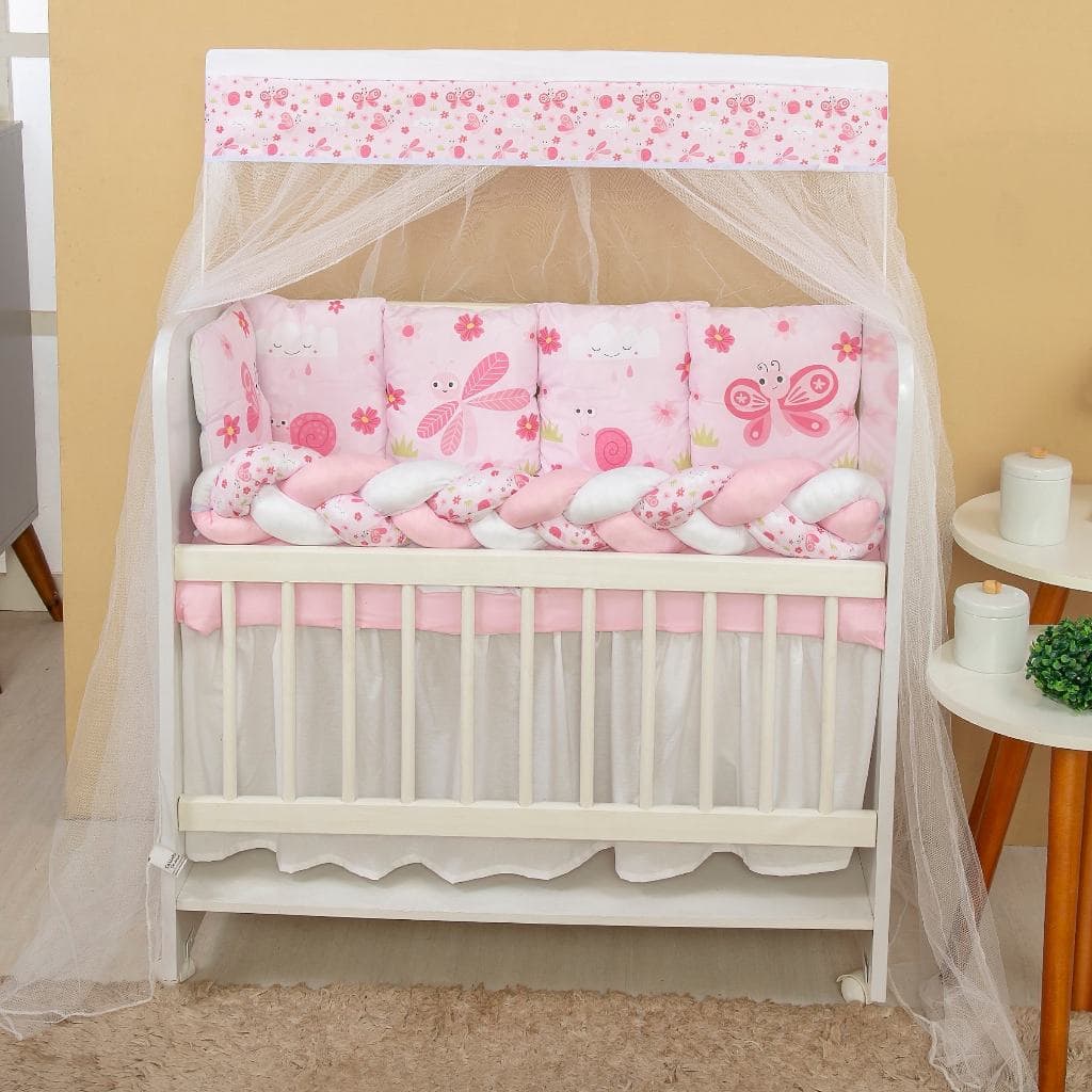 Kit para Mini Berço Almofadinhas 12 peças + Saia de Berço Bebê Menina