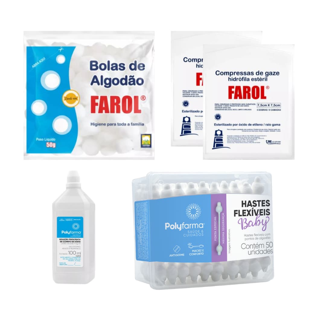 Kit Primeiros Cuidados Bebê Gaze Soro Algodão Hastes