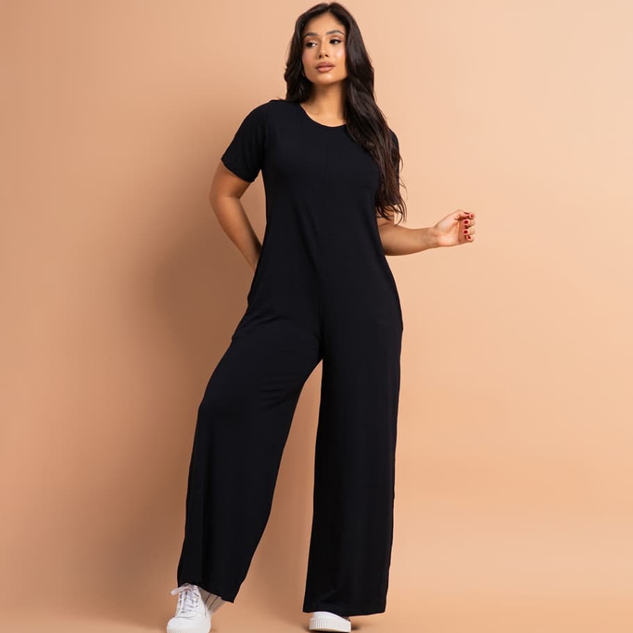 Dinelli Macacão Feminino longo Casual soltinho Com Manga Curta