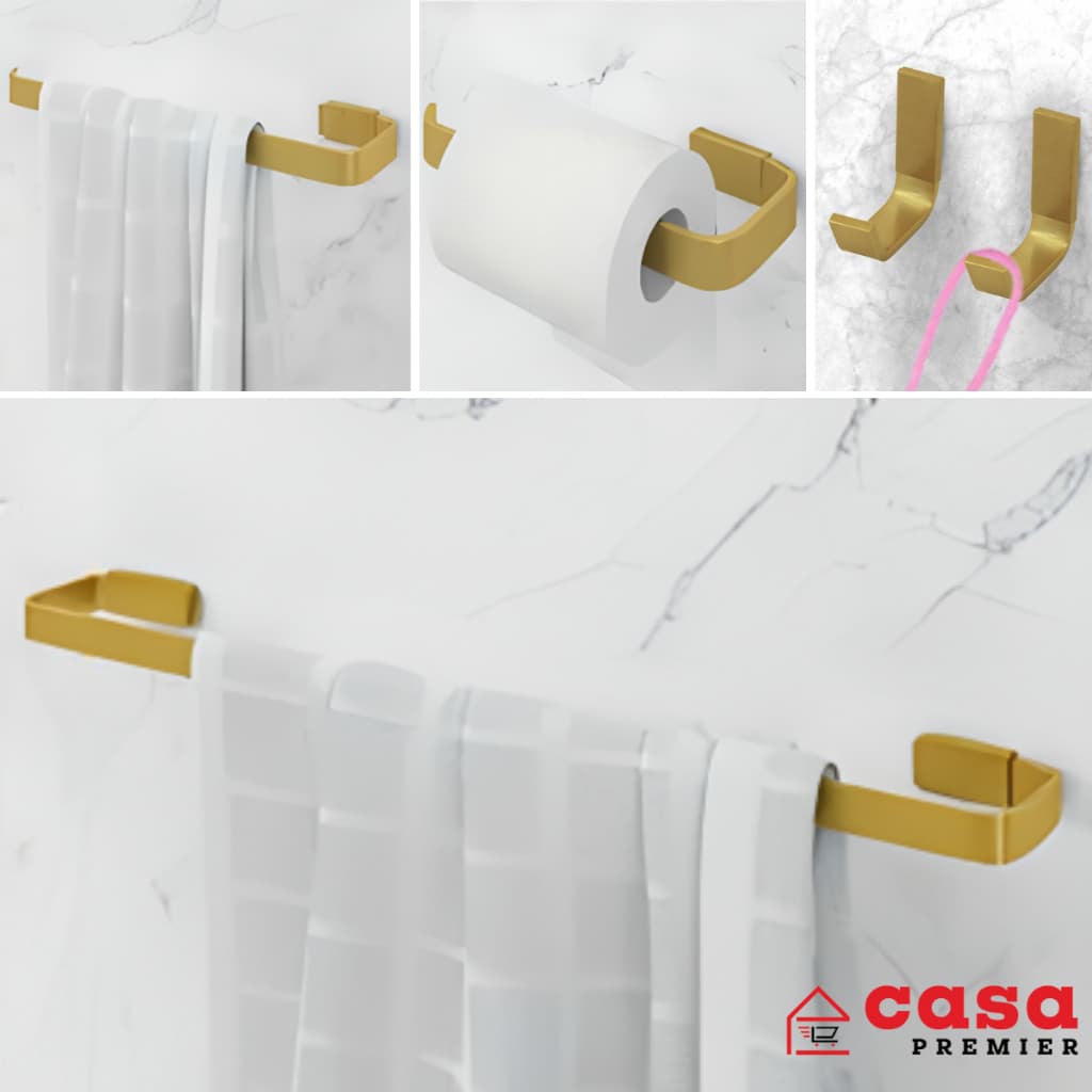 Kit Acessórios Banheiro Conjunto Quadrado 5 Peças Dourado Fosco Dois Cabides Metal