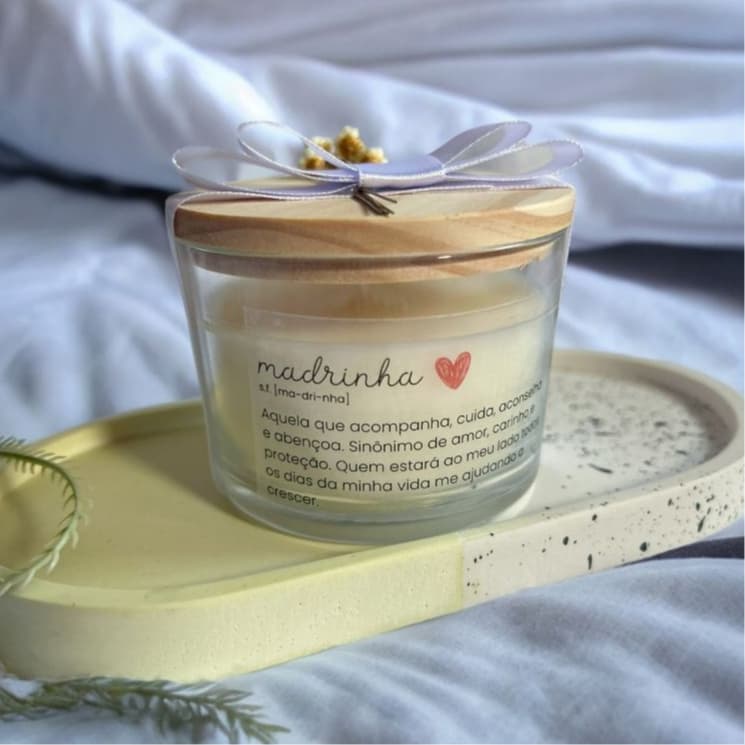 Vela Aromática 100g com Flor Sempre Viva – Madrinha/Padrinho | Pronta Entrega, Não Personalizável